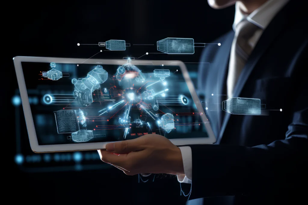 Warehouse operations dashboard in a futuristic office